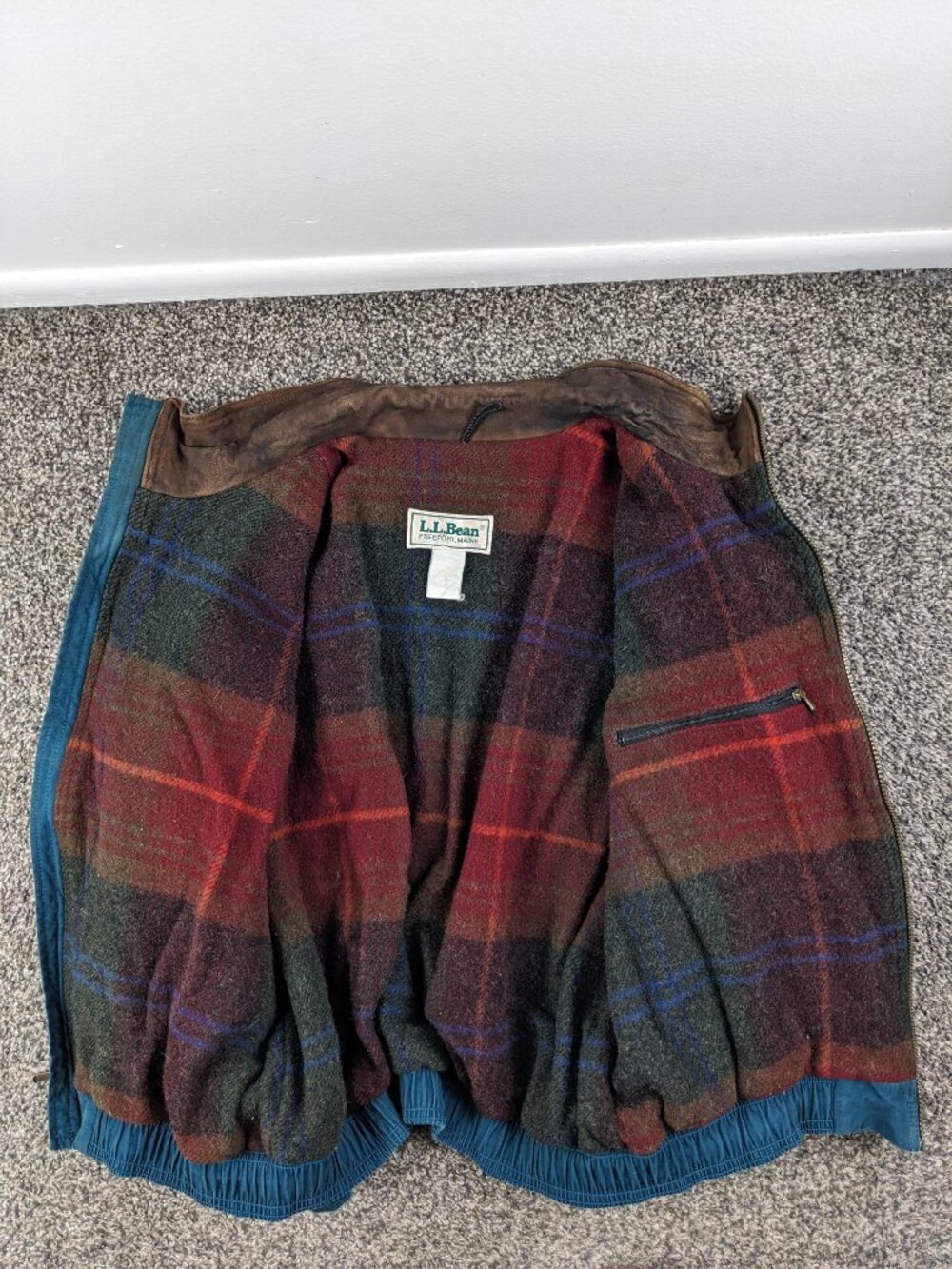 Vintage LL Bean Jacket Suede Collar Wool Blanket Lined Bomber Mens Large US Made - Picture 5 of 15